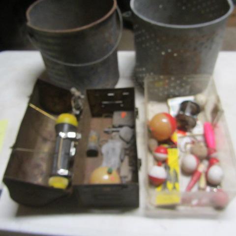 lot 284 image: Minnow Bucket, Bobbers, Sinkers