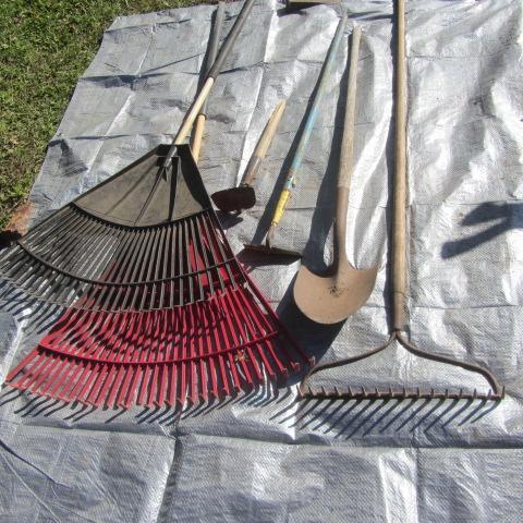 lot 42 image: Rakes, Spade, Garden Hoes
