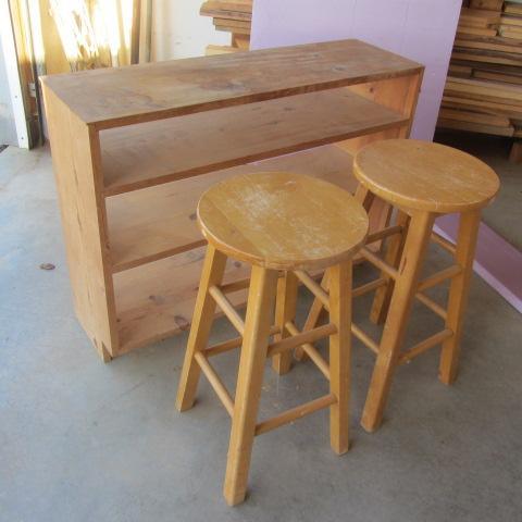 lot 212 image: Pair Wooden Stools, Wooden Shelf
