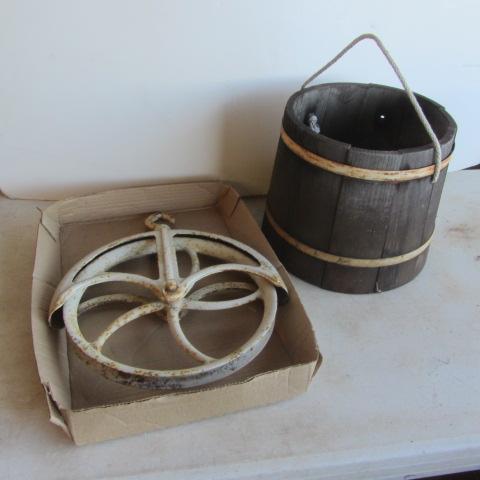 lot 222 image: Antique Well Pulley, Wooden Bucket