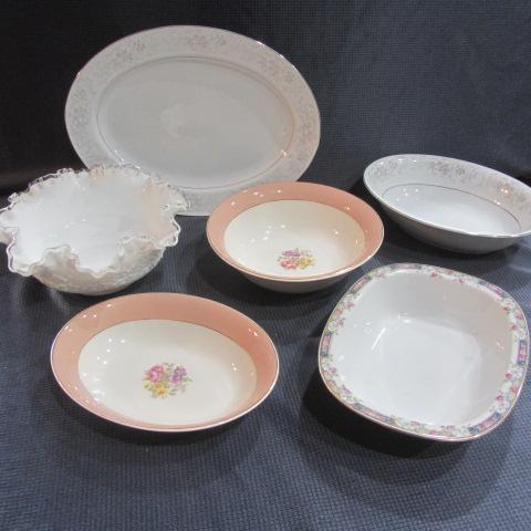 lot 381 image: Silver Crested Milk Glass, Veggie Dishes