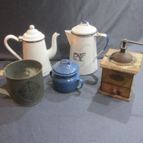 lot 414 image: Swedish Grinder, Enamel Coffee Pots