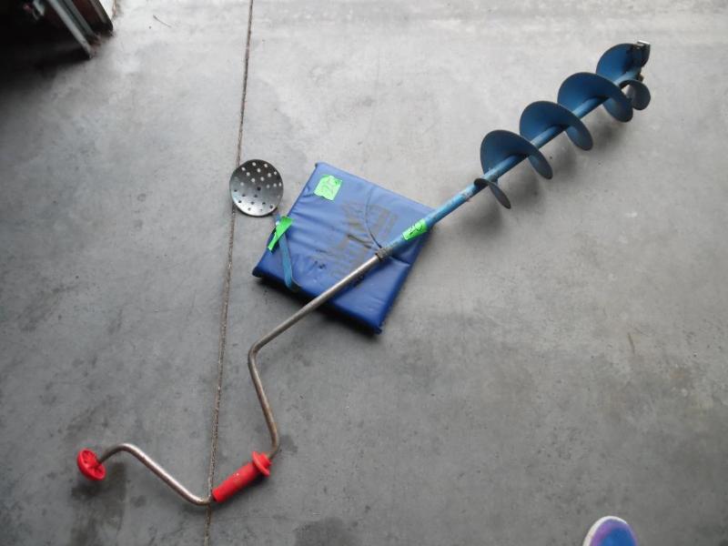 Ice auger, seat cushion and minnow scoop