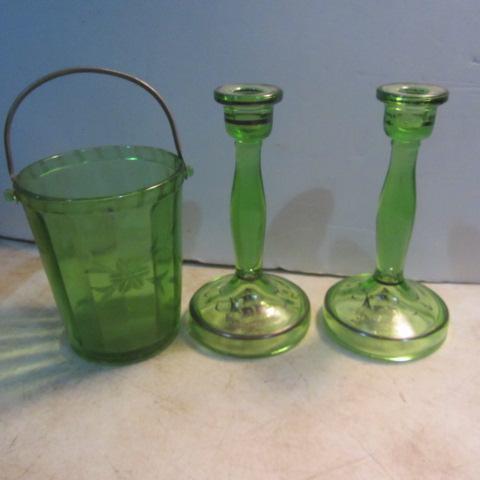 lot 271 image: Green Depression Ice Bucket, Silver Overlay Candle Stands