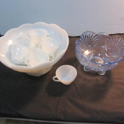 lot 288 image: Milk Glass Punch Set, Blue Shell Bowl