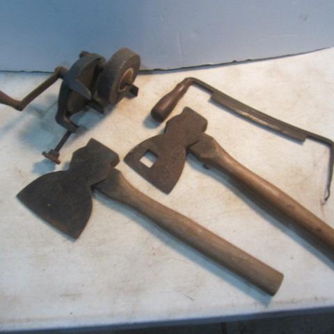 lot 35 image: Hatchets, Draw Knife, Sharpener