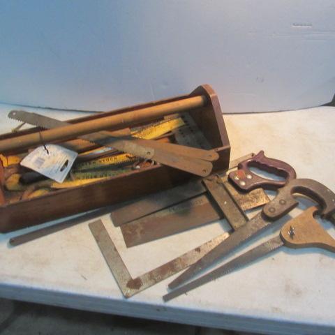 lot 42 image: Wooden Tray, Saws & Squares