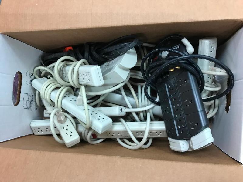 lot 153E image: (1) Box of assorted power strips, surge prote...