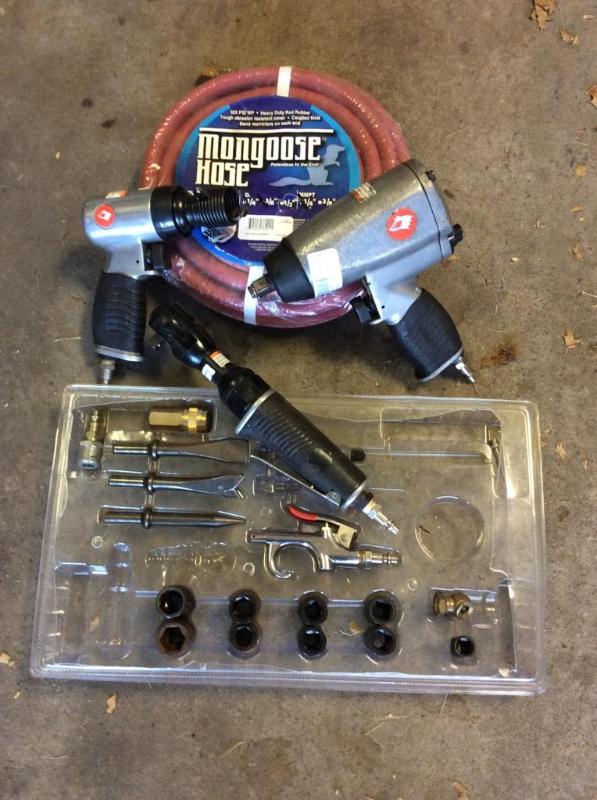 lot 114 image: Air hose, 3 air tools, air wrench attachments...