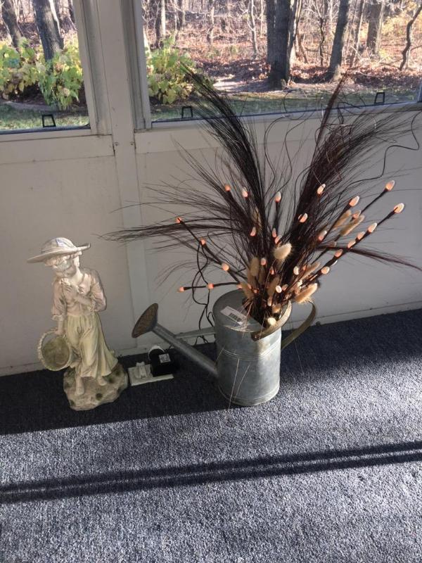 lot 128 image: Tin watering can with lighted cattail type br...