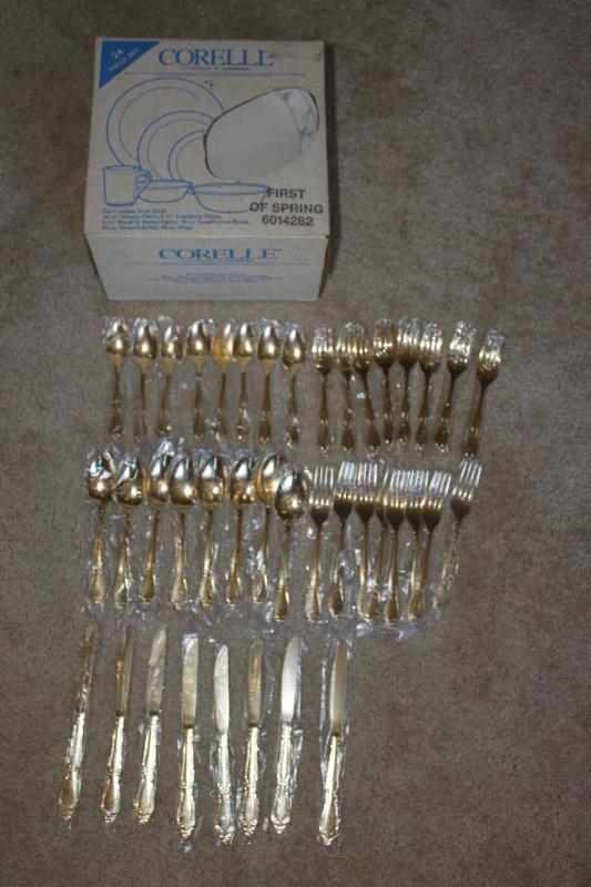lot 129 image: Large group of gold colored silverware and Co...