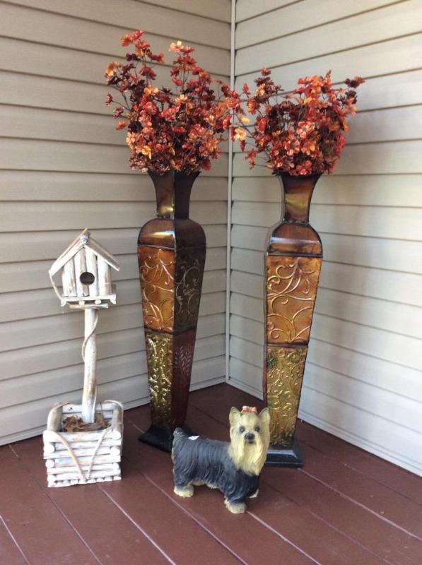 lot 137 image: 2 tall contemporary vases with autumn leaves...