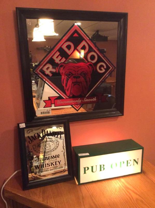 lot 20 image: Lot of 3 Bar MirrorSigns - Red Dog, Jack Daniels Mirrors & Pub OpenClosed Light Sign