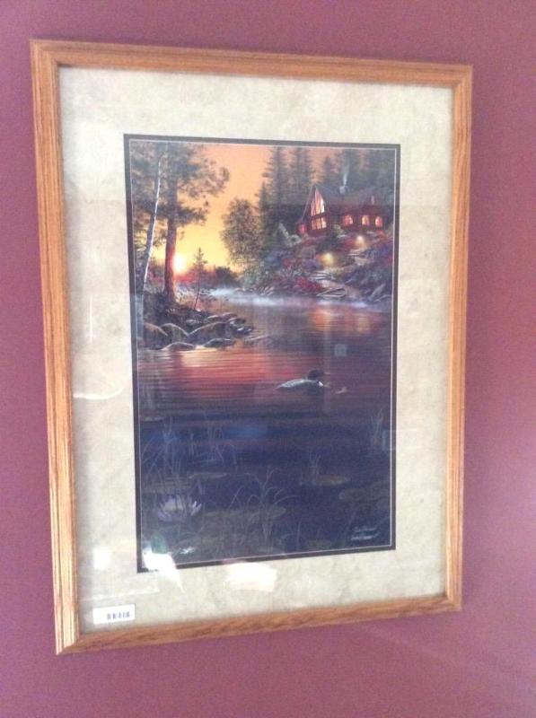lot 27 image: Majestic Rustic Cabin Landscape Garden Hideaway Print on Canvas by Jim Hansel in Solid Oak Frame