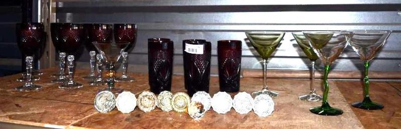 9 Ruby red glass goblets, 5 ruby red glasses,...