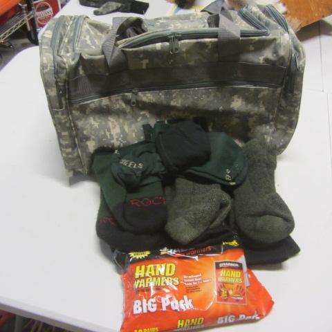 lot 133 image: NRA Camo Bag, Socks, Hand Warmers