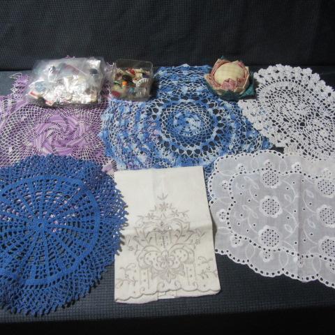 Crocheted Doilies, Buttons, Pin Cushion
