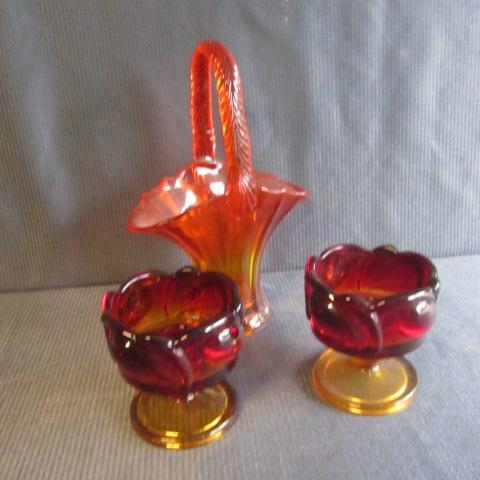 lot 31 image: Amberina Basket & Candle Holders