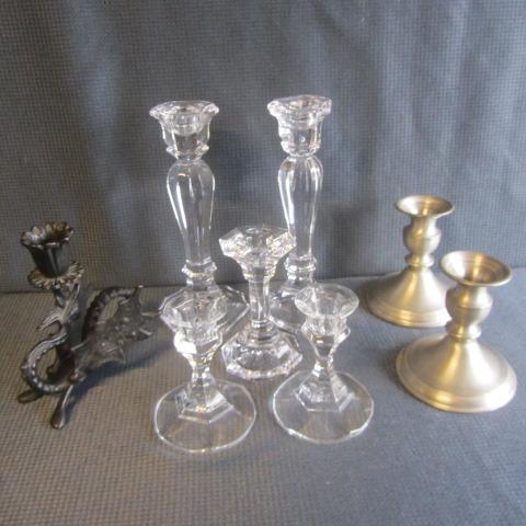 lot 32 image: Pewter, Dragon & Glass Candle Stands