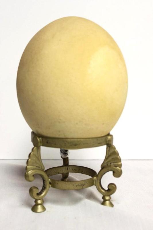 lot 1B image: Vintage Genuine Ostrich Egg on Brass Stand....