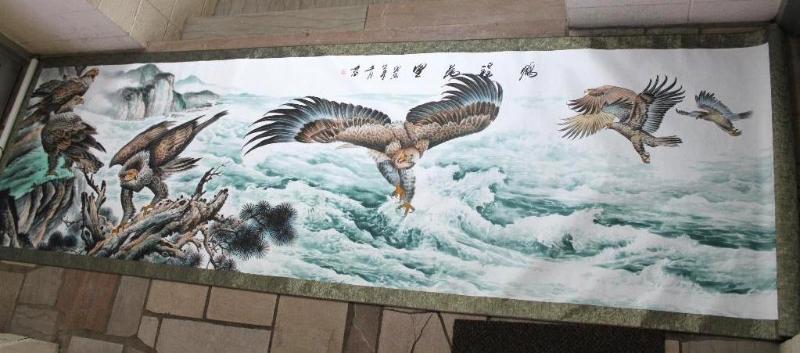 lot 2 image: Beautiful Hand Painted Eagle Landscape scrol...