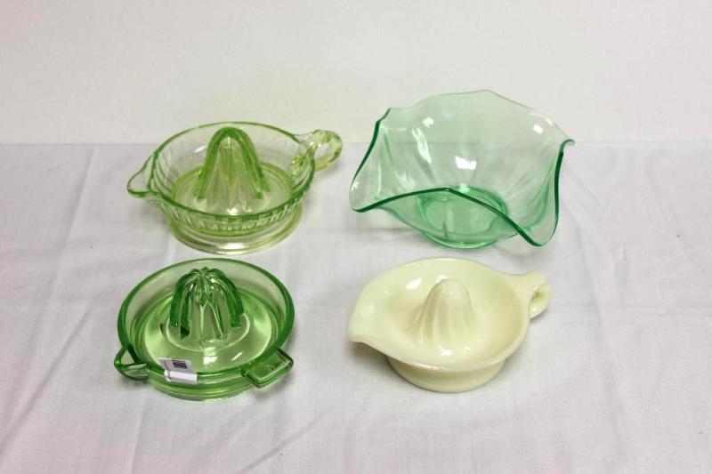 lot 21 image: 4 Gorgeous Vaseline Glass Juicers and Bowl 3...