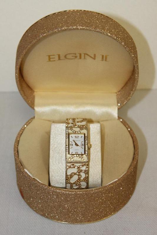 lot 32 image: Elgin II Quartz Watch Cuff Bracelet w Case...