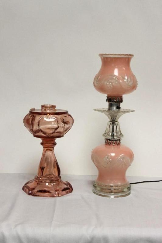 lot 6 image: 2 Carnival Glass Hurricane Lamps....