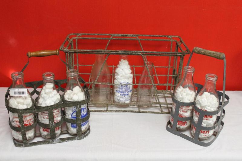 lot 8 image: 8 Antique Glass Milk Containers and 3 Metal C...