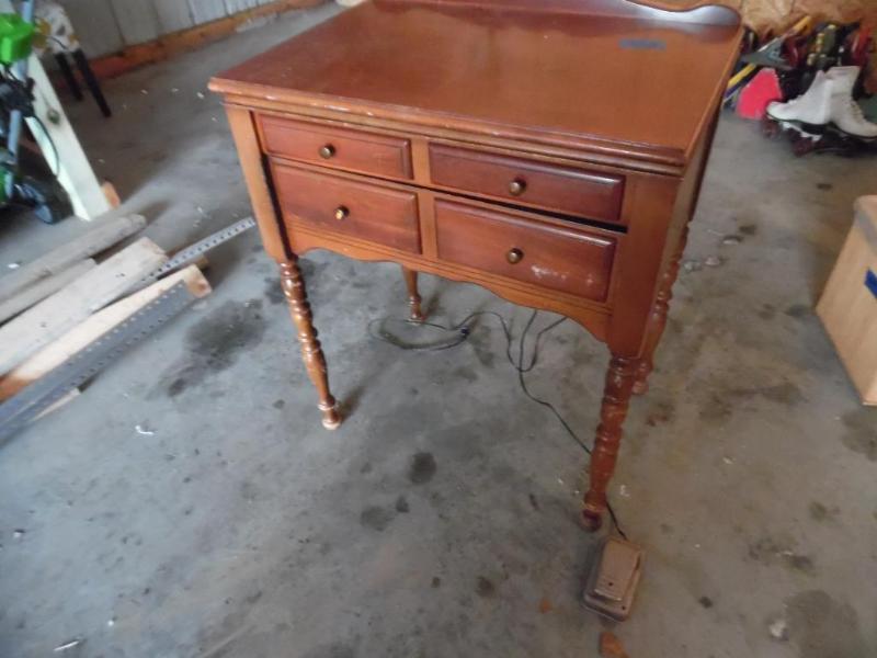 Vintage cabinet sewing machine with stool, wo...