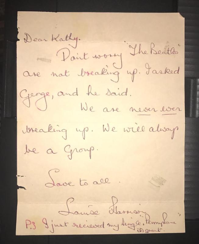 lot 2D image: Signed letter from George Harrisons sister L...