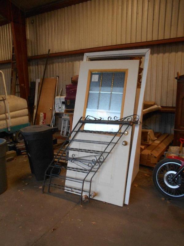 Exterior Door and Frame, Set of Iron Railings.