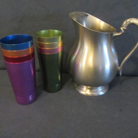 lot 111 image: Pewter Pitcher, Aluminum Glasses