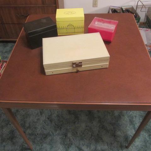 lot 246 image: Card Table, Jewelry & Recipe Boxes