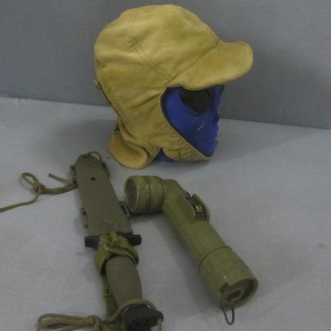 lot 137 image: WWII Pilots Cap, Jungle Knife, Military Flashlight