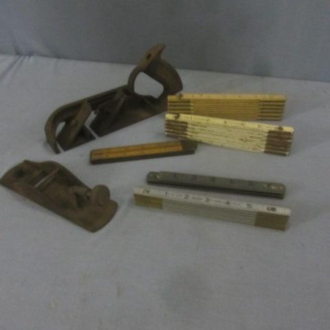 lot 107 image: Folding Stainless & Wood Rulers, Vintage Wood Planes