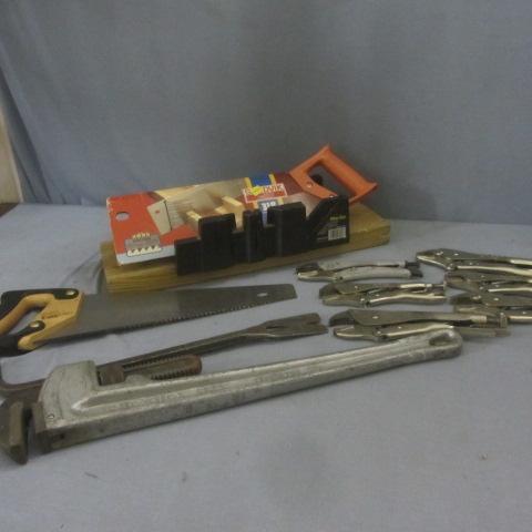 lot 111 image: Pipe Wrench, Vise Grip Tools, Miter Box