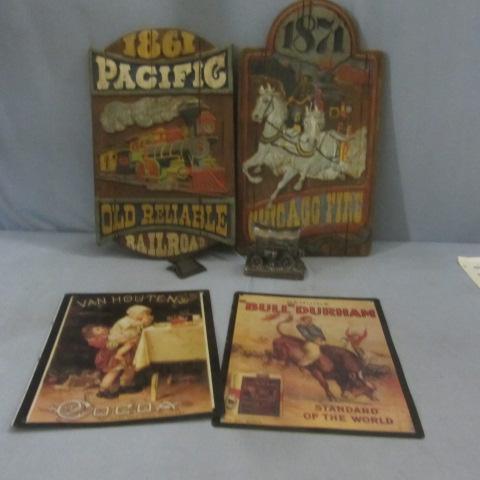 lot 120 image: Tin Signs, Antique Clip, Bank, RR & Chicago Wall Art