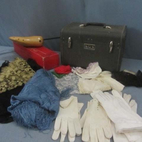 lot 122 image: Travel Suitcase, Dress Gloves, Handkerchiefs, Shoe Stretcher