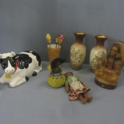 lot 53 image: Jim Beam Liquor Bottle, Vases, Jamaican Cloth Doll