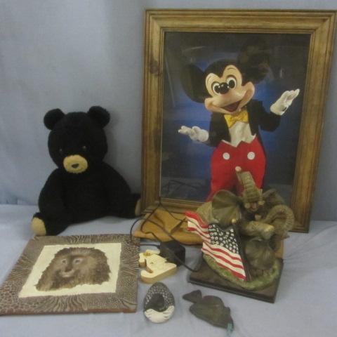 lot 54 image: Stuffed Black Bear, Mickey Mouse Print, African Lion Tile