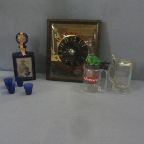 lot 6 image: Cobalt Whiskey Bottle, Budweiser Clock Steins