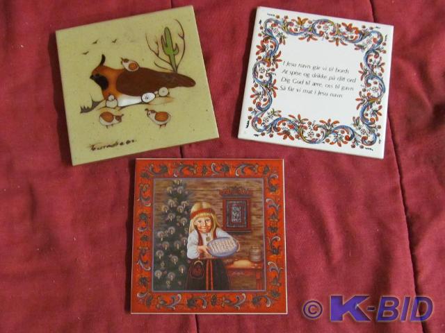 3 Hand Painted Ceramic Tiles, 2 Nor...