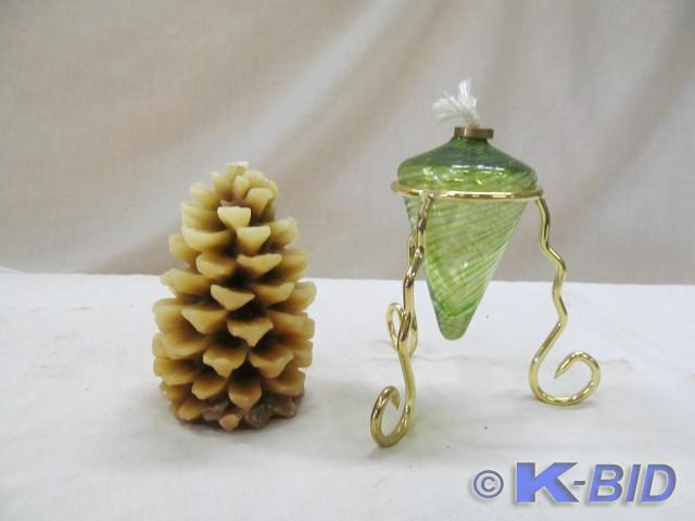 lot 204 image: Pinecone Candle and 3 Legged Oil Ca...