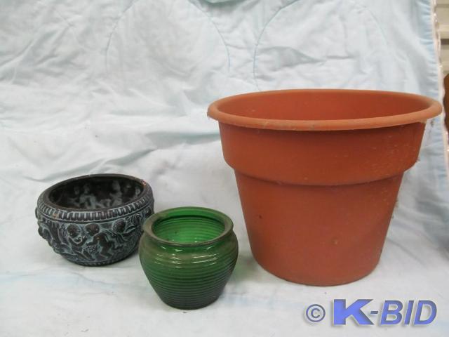 lot 76 image: 3 Planters - Plastic, Glass, and Ce...
