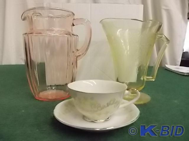 lot 18 image: Pink Glass Pitcher, Amber Glass Pit...