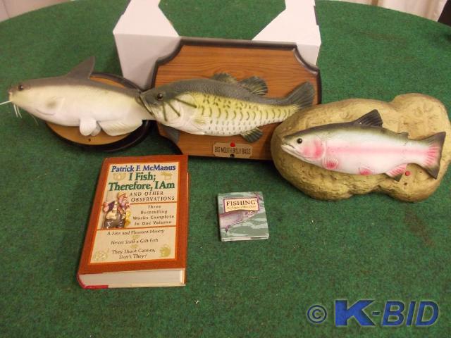 lot 64 image: 3-Mounted Rubber Fish, 2-Fishing Bo...