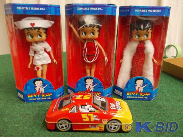 lot 84 image: 3-Betty Boop Dolls, 1-Pupperoni Tin