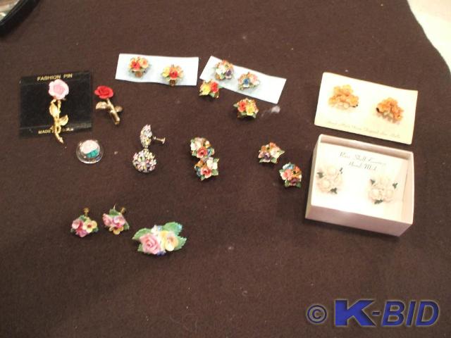 A Denton China pin and earring set,...