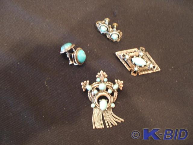 2 silver and turquoise pins and 2 p...